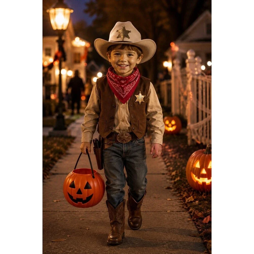 New Small Child Halloween Felt Sheriff Cowboy Hat w Gold Metal Tipped Chin Strap